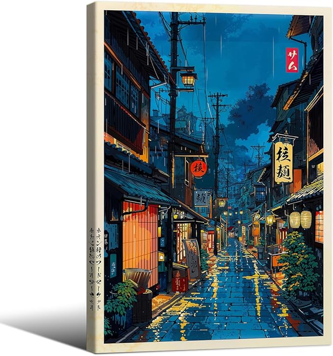 Japanese Tokyo Tea House Framed Canvas Wall Art Japanese City Street Cafe Scene Picture Print Modern Ukiyo-e Decor Poster for Japanese Home Bedroom Decorations Artwork16x24in