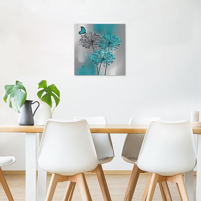 LB Dandelion Canvas Wall Art Teal Grey Dandelion with Butterfly on Abstract Background Wall Art Plant Wall Decor for Living Room Bedroom Bathroom Office Home Framed Ready to Hang 12L x 12W Inch