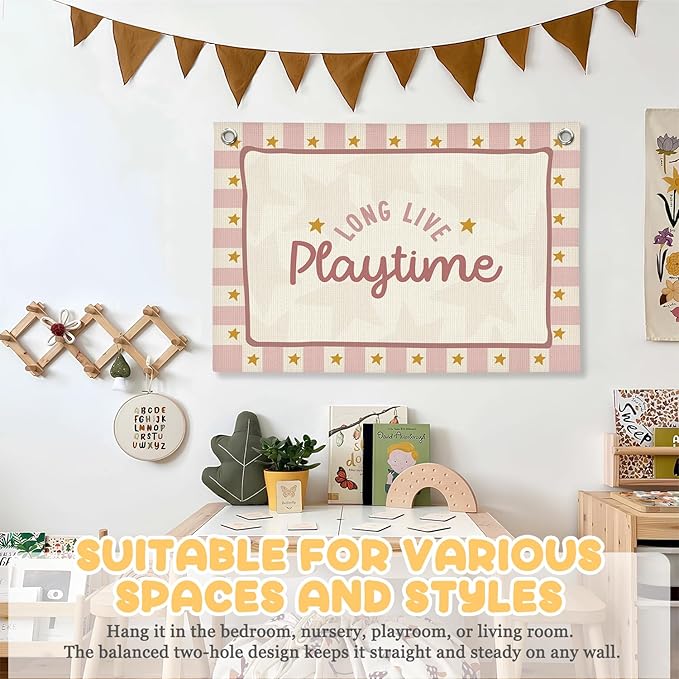 Playroom Wall Decor,Long Live Playtime Linen Canvas Banner,Pink Toddler Playroom Decor Kids Room Nursery with Star Pattern Wall Decor for Toddler Girls Toy Room Bedroom,30x20 Inch