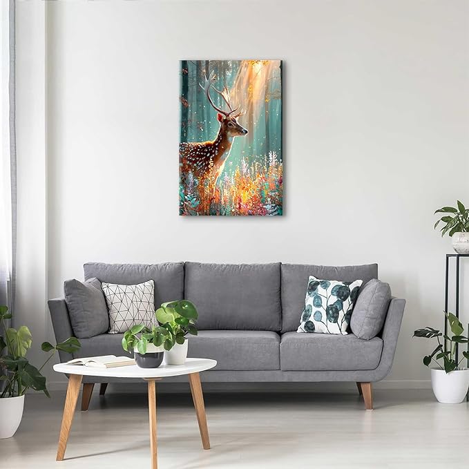 Deer Wall Art Fall Forest Wall Decor Nature Autumn Landscape Picture Rustic Wildlife Animal Canvas Prints Farmhouse Elk Painting Colorful Flowers Artwork for Bedroom Living Room Home Decoration 24x36"