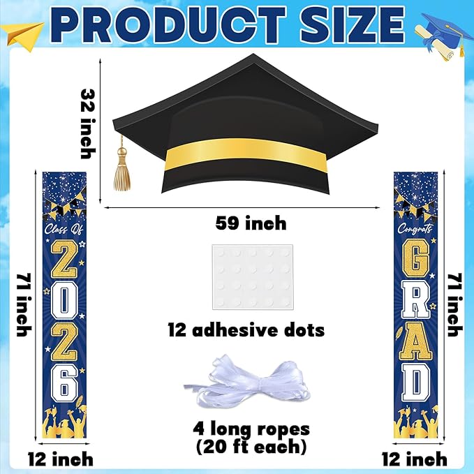 3Pcs Graduation Cap Door Banner 2026 Graduation Door Decoration Class of 2026 Porch Sign Congrat Grad Hanging Banner Decor Grad Party Indoor Outdoor Wall Decor Photo Prop Supplies Blue Gold