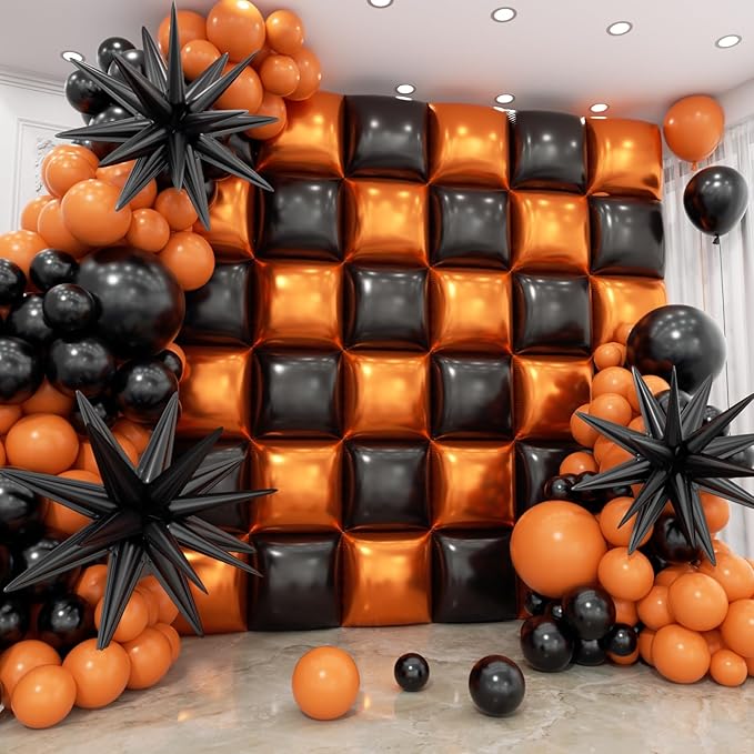 36pcs Black and Orang Square Foil Balloons Wall Backdrop with 147pcs Balloon Garland Arch Kit, Double Sided Balloons for Halloween Graduation Birthday Anniversary Baby Shower Party Decorations