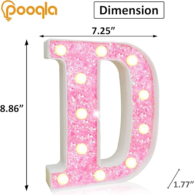 Pooqla LED Marquee Letter Lights, Light Up Pink Letters Glitter Alphabet Letter Sign Battery Powered for Night Light Birthday Party Wedding Girls Gifts Home Bar Christmas Decoration, Pink D