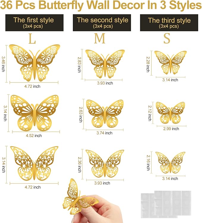 36 Pcs Butterfly Wall Decor, 3 Styles 3 Sizes 3D Gold Butterfly, Wedding Decorations, Birthday Party Decorations, Girls Bedroom Decoration(36 Pcs, Gold)