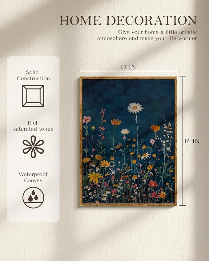 WHASAYART Botanical Floral Canvas Print 12x16 Framed Wildflower Wall Art, Rustic Dark Blue Colorful Flower Artwork, Vibrant Vintage Painting Living Room Kitchen Bedroom Hallway Home Decor