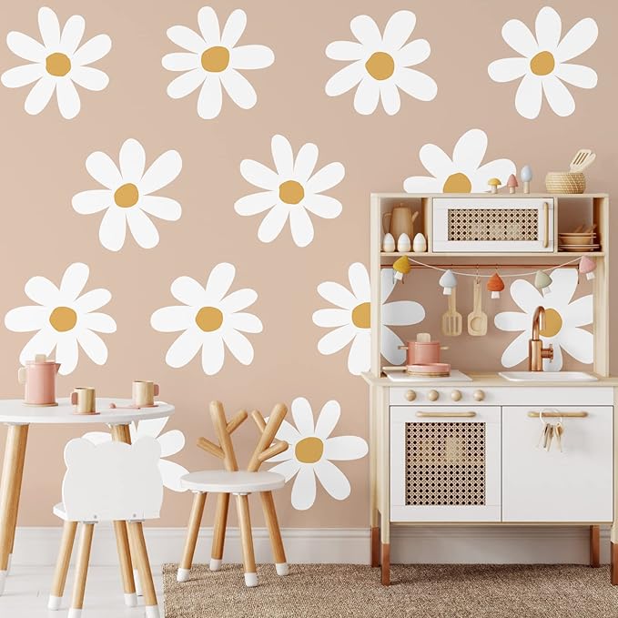 TaoBary 12 Sheet Daisy Wall Sticker Decal Removable Cute Daisy Bedroom Room Decor Flower Wall Sticker Pink White Flower Decal Wallpaper Peel and Stick for Nursery Home(White, Yellow,Vintage Style)