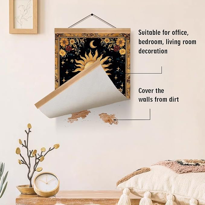 ZTGDA Sun and Moon Wall Art Decor– Vintage Hanging Wall Painting Abstract Poster with Solid Wood Frame, Boho Wall Decor,Mystical Celestial Floral Poster for Bedroom, Office(Sun)