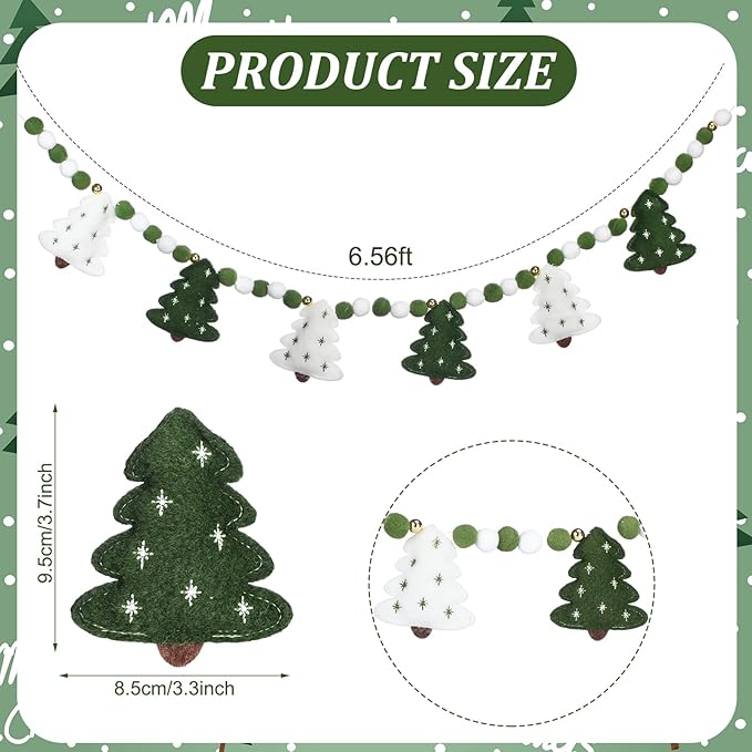 Christmas Felt Garland 3D Coquette Xmas Tree Pom Ball Banner Holiday Decorative Hanging Bunting Garland for Home Mantel Fireplace Window Wall Decor(Green White,Classic Tree)