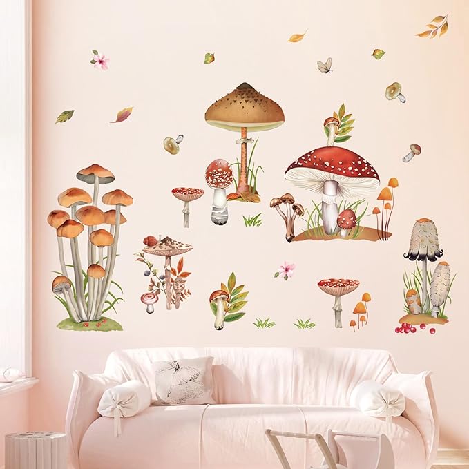 decalmile Woodland Mushroom Wall Decals Spring Forest Grass Easter Wall Stickers Girls Bedroom Living Room Kitchen Wall Door Decor