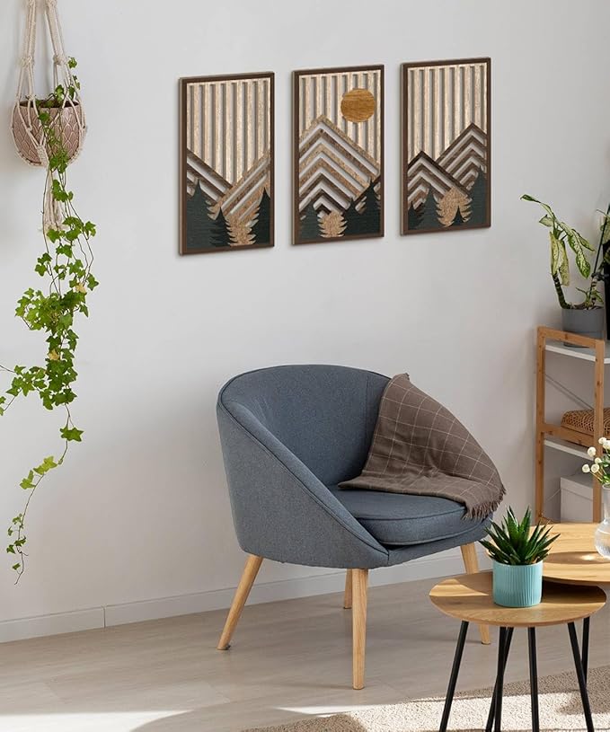 Putuo Decor Boho Mountain Wall Art Set of 3, Rustic Wooden Wall Decor, Nature-Inspired Geometric Artwork, Mid-Century Modern Aesthetic for Living Room, Bedroom, Office Brown 16.5 x 8.6 inch