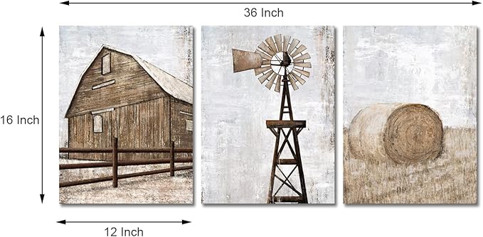 HOMEOART Farmhouse Wall Art Rustic Barn Windmill Cornfield Pictures Countryside Rural Landscape Painting Canvas Artwork Stretched and Framed Ready to Hang Home Decor 12"x16"x3 Pieces
