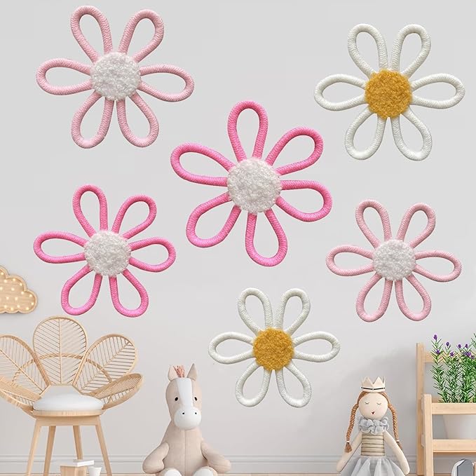 KUNHEHO Boho Wall Decor Set of 6 Daisy Flower With Butterflies Wall Decor Nursery Wall Decors Bohemian Macrame Wall Hanging Decor for Nursery Home Bedroom (3 colors)