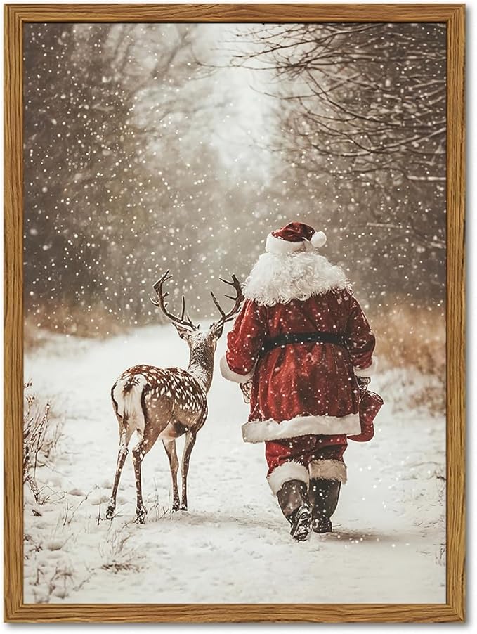 Framed Vintage Christmas Canvas Wall Art, Santa Claus Reindeer Snowy Forest Wall Decor Paintings, Rustic Winter Holiday Aesthetic Pictures Prints Xmas Home Decor for Living Room Bedroom 12×16 inch