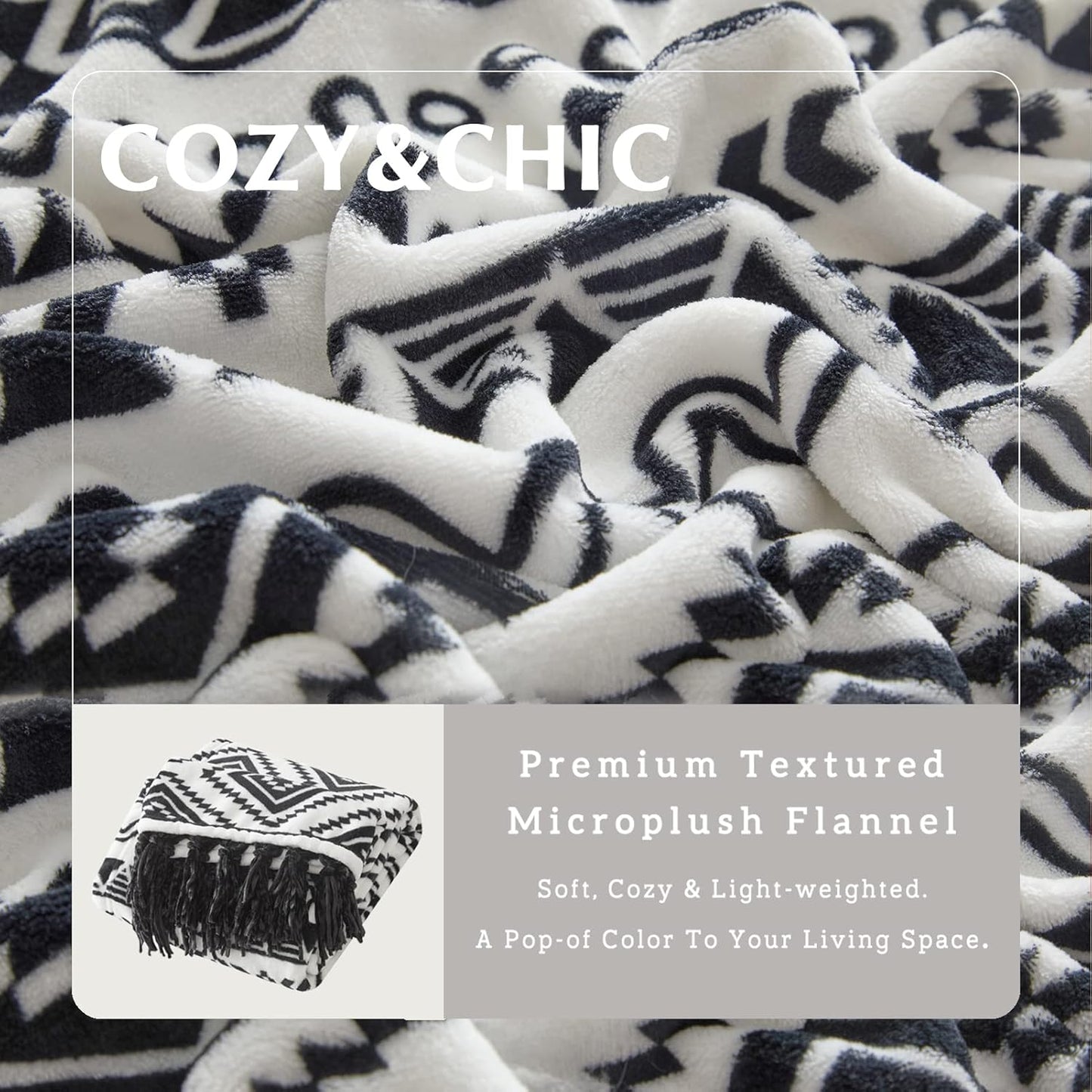 CASAAGUSTO Boho Throw Blanket - Black and White Decorative Blankets with Tassel, Printed Flannel Bohemian Blanket for Chair, Bed, Sofa, Couch(60 * 80, Black and White)