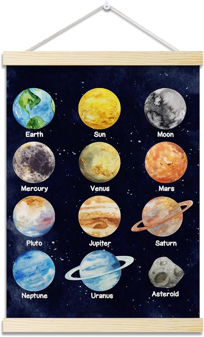 Solar System Posters Hanger Frame for Classroom Outer Space Hanging Poster for Nursery Decor Educational Wall Art Decor for Preschool Kids Room Playroom Canvas Wall Art Print 16x12 Inch - YY060