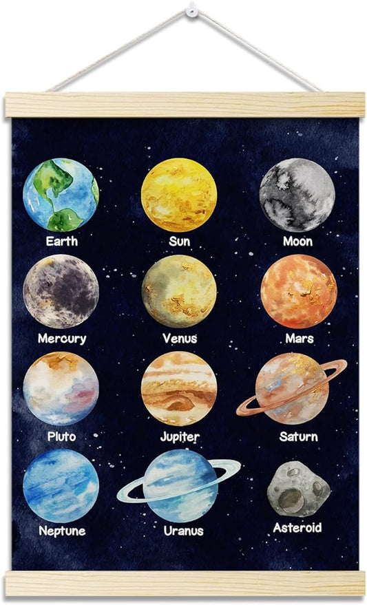 Solar System Posters Hanger Frame for Classroom Outer Space Hanging Poster for Nursery Decor Educational Wall Art Decor for Preschool Kids Room Playroom Canvas Wall Art Print 16x12 Inch - YY060