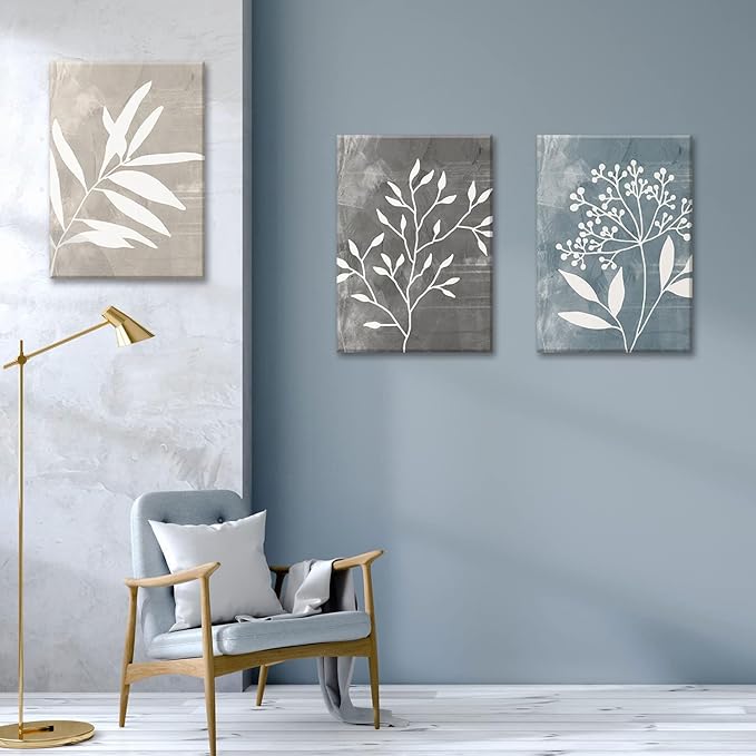 okudolit Vintage Botanical Canvas Wall Art Set of 3 Blue Grey and Beige Neutral Plant Leaf Prints Boho Minimalist Floral Art Pictures Wall Decor for Living Room Bedroom bathroom Office-16x24in