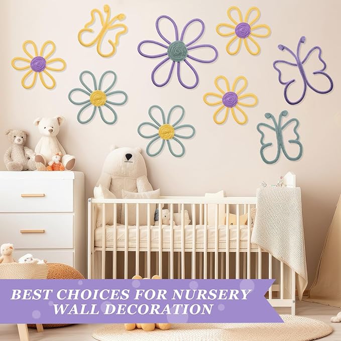 Wesiti 9 Pcs Boho Nursery Decor 3 Size Daisy Flower and Butterflies Woven Macrame Wall Hanging for Home Nursery Bedroom Dorm Wall Art(Modern Color)