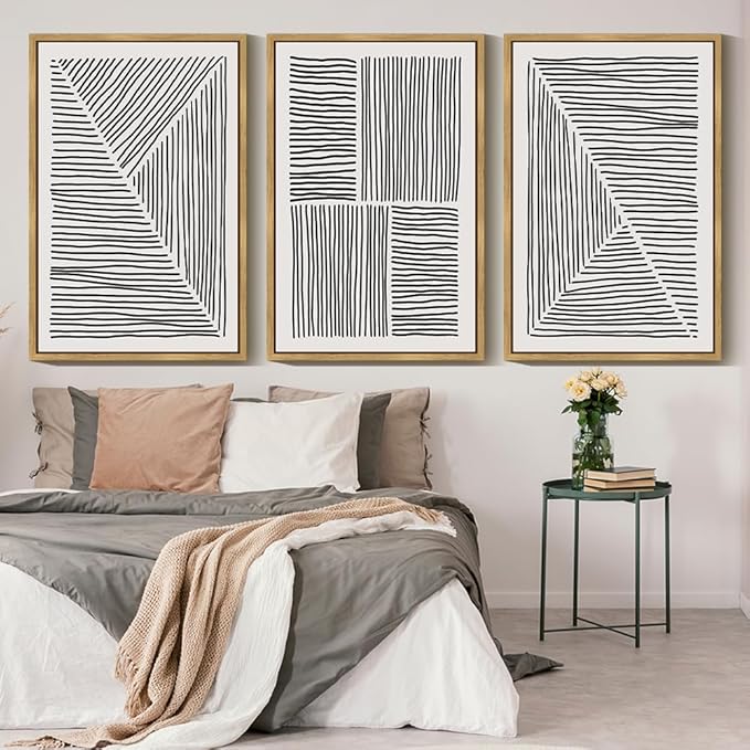Drsoum Mid-Century Modern Framed Wall Art Large 24x36in Minimalist Abstract Boho Black Line Wall Decor Geometric Artwork Kitchen Dining Room Black Framed
