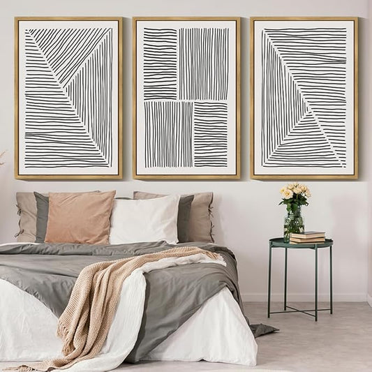 Drsoum Mid-Century Modern Framed Wall Art Large 24x36in Minimalist Abstract Boho Black Line Wall Decor Geometric Artwork Kitchen Dining Room Black Framed
