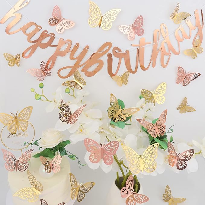 72 Pcs Butterfly Wall Decor, 3 Styles 3 Sizes 3D Butterfly, Gold and Rose Gold Butterfly, Wedding Decorations, Birthday Party Decorations, Girls Bedroom Decoration(72 Pcs, Gold and Rose Gold)