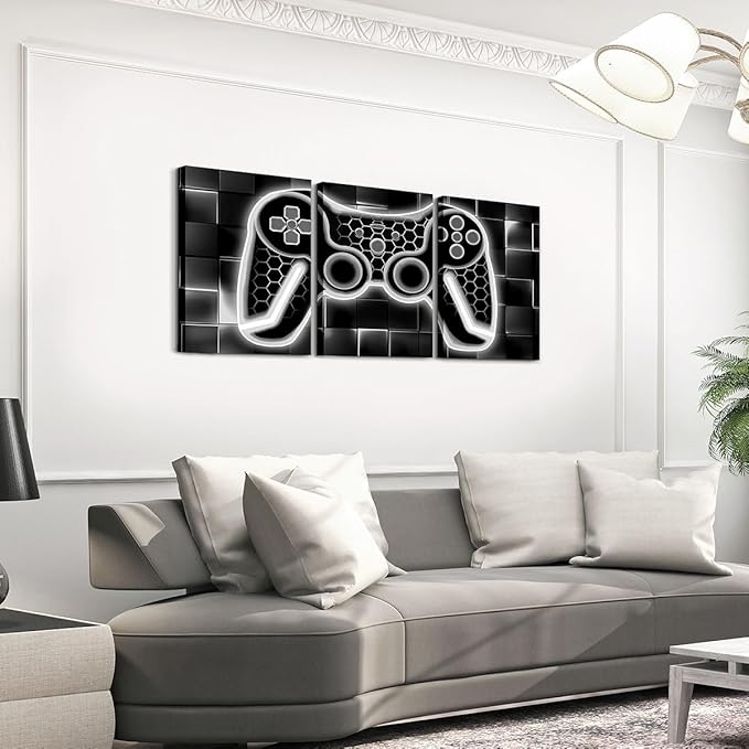 Feelyou Gamer Canvas Art for Living Room 12"x16" 3 Piece Grey and Black Picture Wall Decor Gaming Ombre Office Decorations Artwork Posters Geometric Square Painting