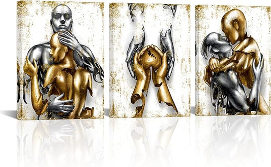 Visual Art Decor Black and Gold Love Decor Grey & Gold Hugging Couple Bedroom Wall Decor Picture Art Prints Framed Canvas Print (White, 12x16inchx3 Pieces)