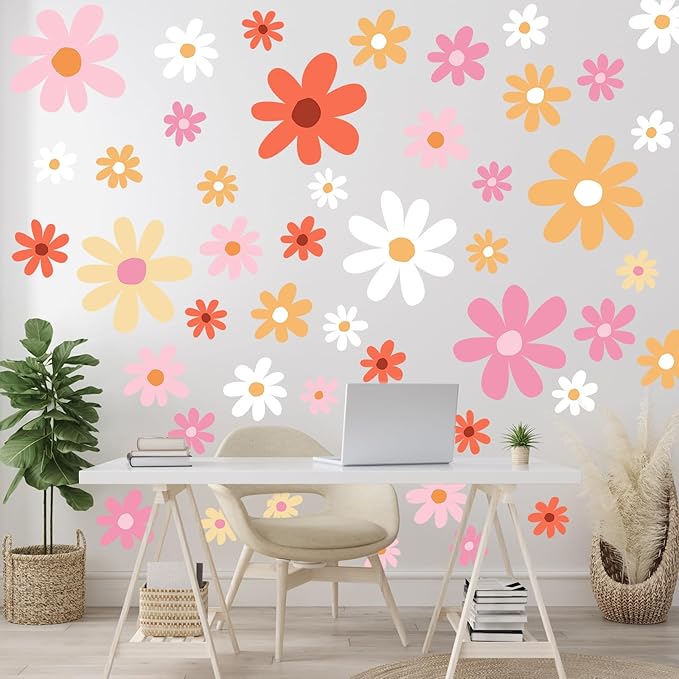 TaoBary 12 Sheet Daisy Wall Sticker Decal Removable Cute Daisy Bedroom Room Decor Flower Wall Sticker Pink White Flower Decal Wallpaper Peel and Stick for Nursery Home(Orange,Lovely Style)