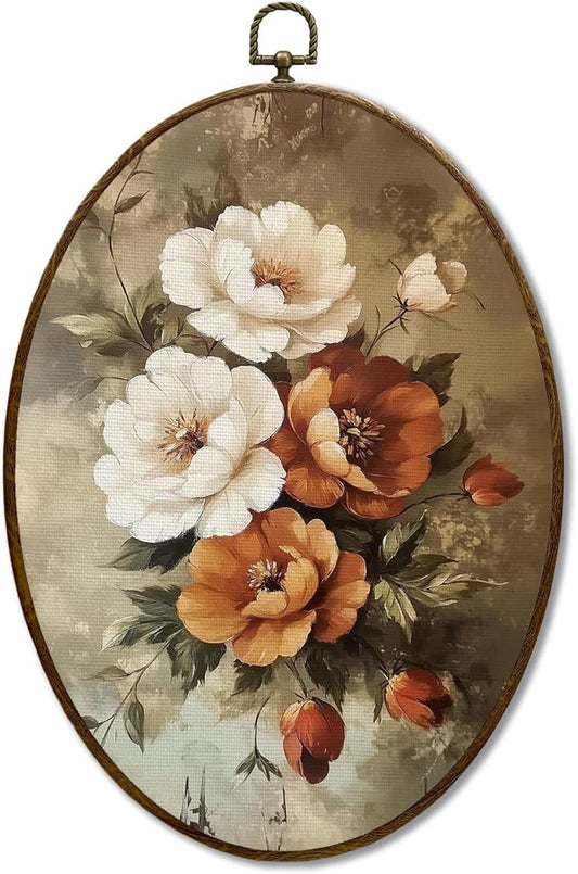 JQF Vintage Floral Oval Wall Decor, Cottagecore Floral Oval Canvas Wall Art, Farmhouse Retro Flower Botanical Framed Prints Hanging Decor for Home Bedroom Living Room Office, 8.5x11.5 Inch