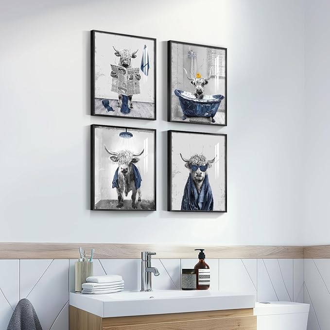 Framed Highland Cow Funny Bathroom Wall Art, 4 Piece Fun Animal Navy Blue Art Prints, Cute Cow Sitting on Toilet or in Bathtub or Reading Pictures Wall Decor for Toilet, Restroom, Washroom, Bathroom