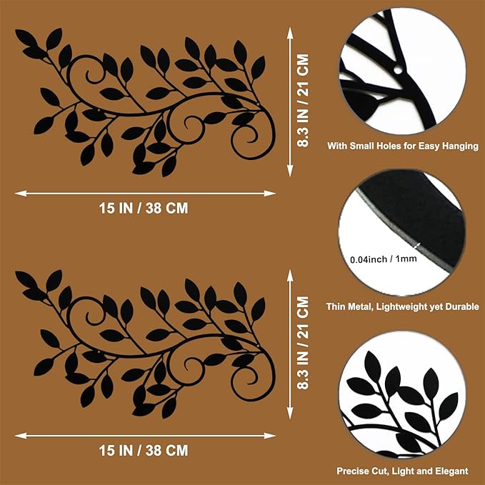 ESTART 2 Pieces Metal Tree Leaf Wall Decor Vine Olive Branch Leaf Wall Art Wrought Iron Scroll Sculptures for Above the Bed, Living Room, Bathroom, Hallway, Office, Outdoor Decoration (Black)