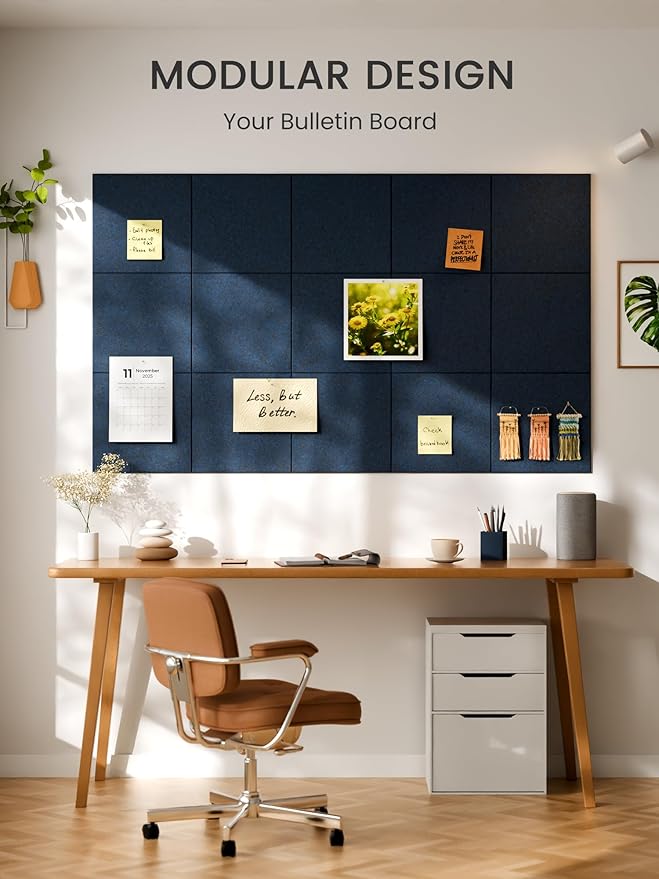 Bumusty Large Cork Board 48" x 36" Alternative - 12 Pack Felt Wall Tiles with 70 Safe Removable Adhesive Tabs, 30 Pushpins, Cork Boards for Walls Pin Board Bulletin Board Office Decor (Carbon Blue)