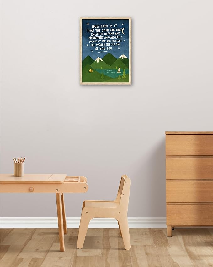 KensTro Natural OAK Wood Same God Creation Framed Wall Art, 16x20 in Inspirational Christian Bible Verse Canvas Art,Mountain Nursery Decor,Blue Set of 1 for Christian Boys Room for Boy Adoption Gifts