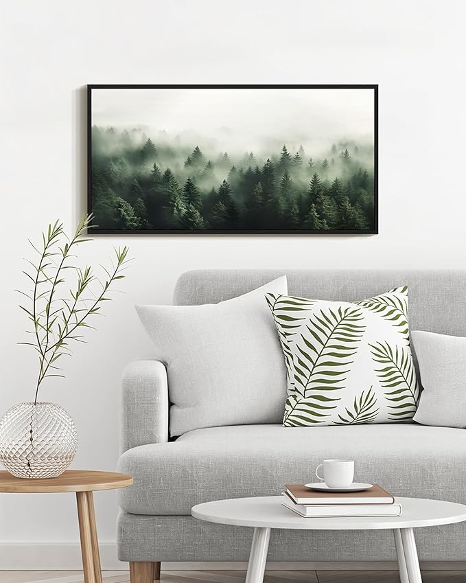 SHENIFY Green Fog Pine Tree Forest Vintage Framed Wall Art Modern Landscape Scenery Farmhouse Artwork Prints Decor for Kitchen Bedroom Living Room Bathroom - 8x16in Black Framed