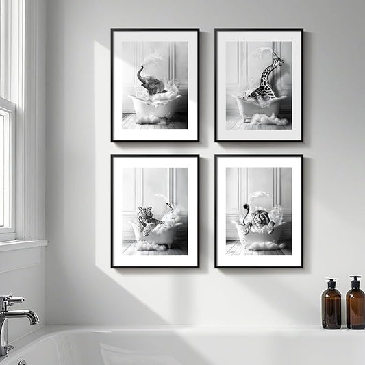 Framed Funny Bathroom Wall Art, 4 Piece Modern Black and White Canvas Prints Painting Artwork for Walls, Elephant Lion Tiger Giraffe Bathing Animals in Bathtub Pictures Kids Bathroom Wall Decor, 11x14