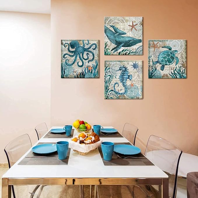 Nautical Wall Decor Beach Themed Seahorse Wall Art Coastal Bathroom Decor Teal Sea Turtle Pictures Canvas Paintings for Living Room Bedroom Home Decorations Ocean Poster Large Artwork 16x16" 4 Pcs/Set