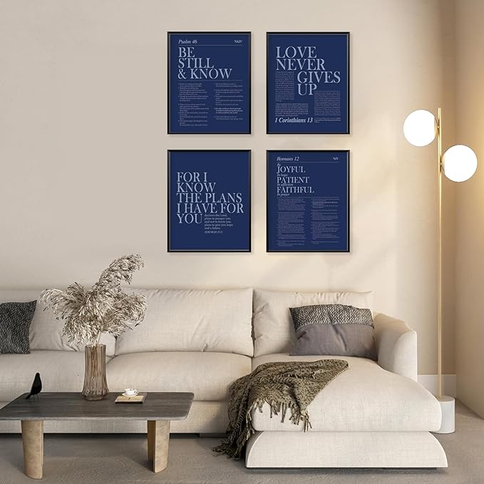 Locomiss Navy Blue Christian Wall Art Decor, Modern Bible Verse Prints, Minimalist Jesus Scripture Wall Decor, Inspirational Bible Posters for Bedroom Office Living Room, Set of 4 (8x10 Unframed)