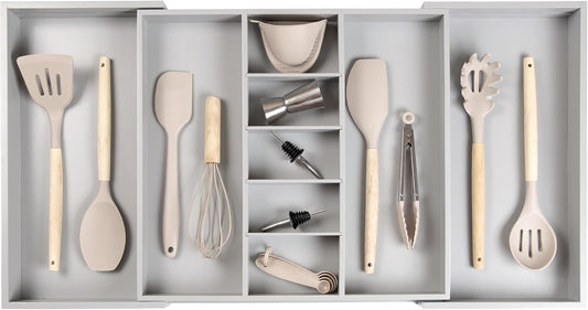 Adjustable Kitchen Drawer Organizer for Utensils and Junk, Food-Safe Contract Grade with 100% Sustainable Wood, Expandable from 19 to 33 Inches Wide - Gray Bamboo