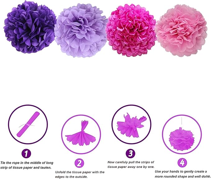 We Moment Purple Pink Tissue Paper Pom Poms for Purple Pink Girl Party Decoration Ceiling Wall Hanging Tissue Pom Poms 12pcs 4 Colors Hot Pink Light Pink Deep Purple Light Purple of 12 Inch 10 Inch