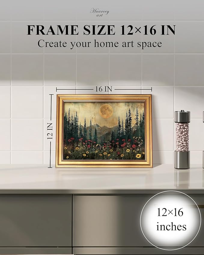 HUARCEY Gold Framed Canvas Wall Art, Moonlit Pine Tree Picture Decor, Living Room Bedroom Woodland Landscape Nature Decor, Rustic Vintage Moody Boho Canvas Paintings, 12x16inch