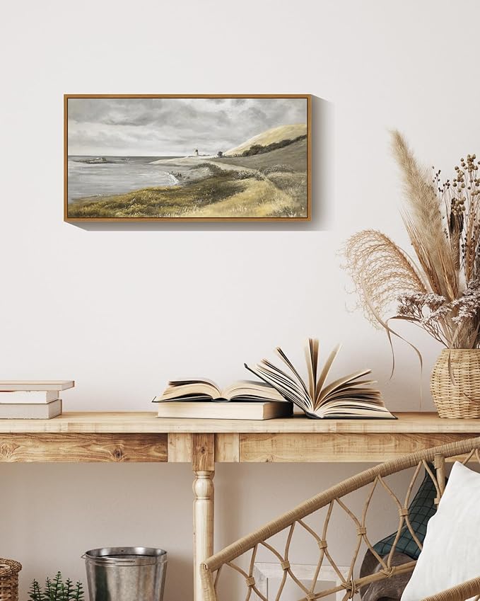 SHENIFY Vintage Framed Wall Art Coastal Seascape Landscape Painting Retro Meadow Scenery Farmhouse Kitchen Living Room Decor - 8x16in Natural Framed