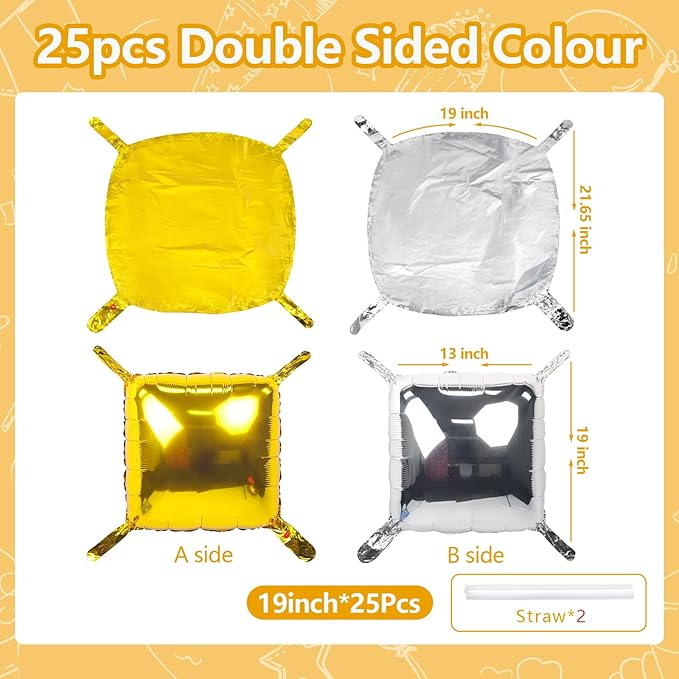 NISOCY 25PCS Metallic Silver Gold Square Foil Balloons Wall Backdrop Double Sided Chrome Gold Silver Balloons Arch Kit for Christmas New Year Anniversary Birthday Engagement Bridal Party Decorations