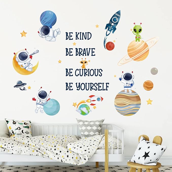 wondever Planets Outer Space Wall Stickers Be Kind Be Brave Inspirational Quote Astronaut Peel and Stick Wall Art Decals for Baby Nursery Kids Bedroom Playroom