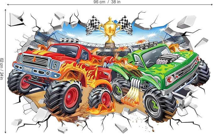 wondever Large 3D Racing Car Wall Stickers Vehicles Truck Break Through Peel and Stick Wall Art Decals for Boys Room Kids Bedroom Playroom