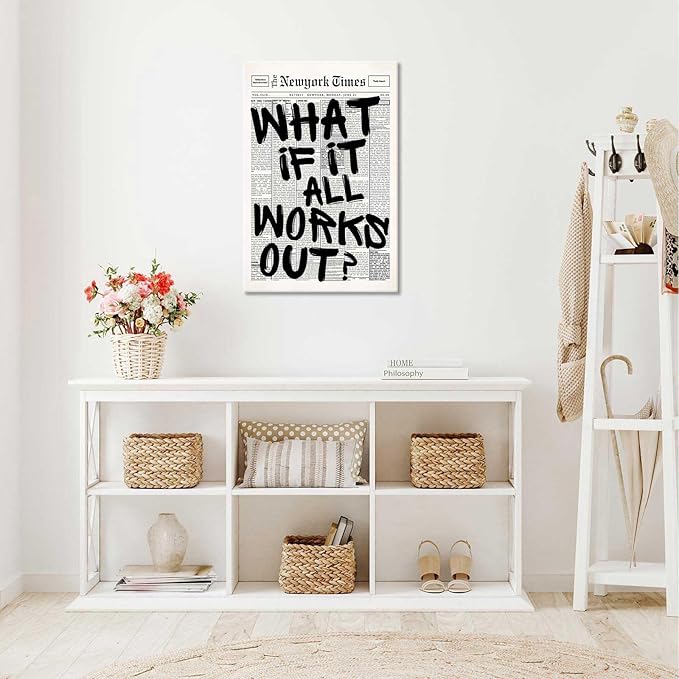Drimiler Retro Black And White Newspaper Poster What If It All Works Out Canvas Wall Art Positive Affirming Quote Minimalist Prints Painting For Home Bedroom Dorm Wall Decor 24x36in Wframed