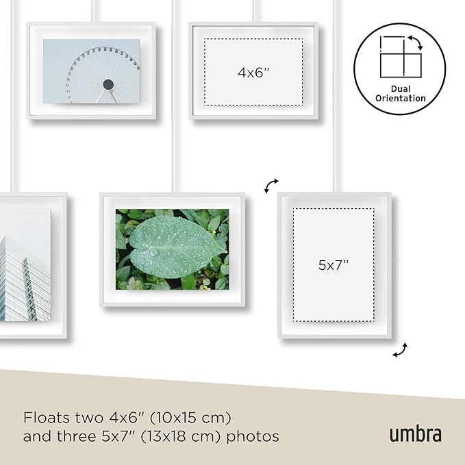Umbra Exhibit Picture Frame Gallery Set, Adjustable Wall Collage Displays Five Photos (Two 4x6 and Three 5x7), Set of 5, White