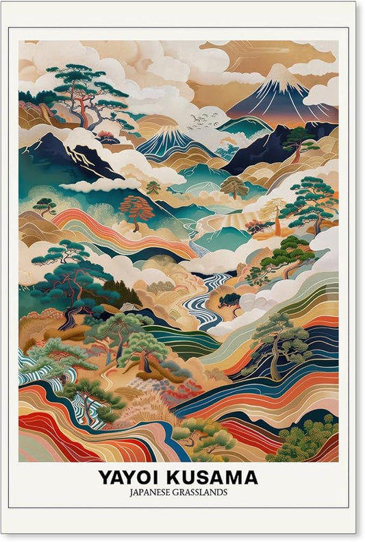 Vintage Yayoi Kusama Grasslands Posters Japanese Wall Art Yayoi Kusama Abstract Landscape Canvas Print for Stylish Room Bedroom Living Room Gallery Decor 16x24in Unframed