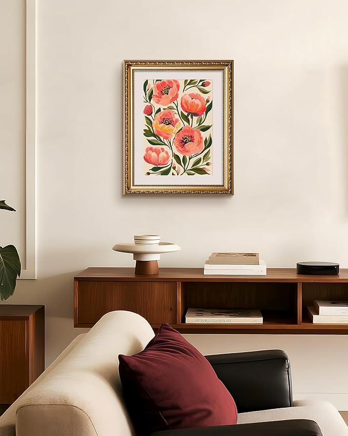 VIYYIEA Gold Framed Peony Floral Wall Art, Elegant Pink Flower Canvas Painting for Living Room Bedroom Decor | Lightweight No Glass Design, Classic Ornate Golden Border | 13x16 Inch