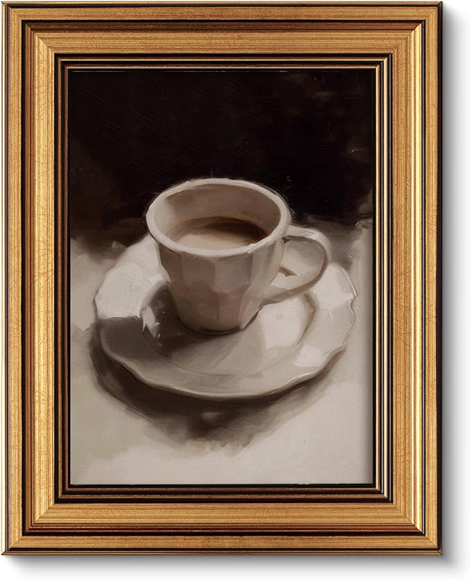 ARPEOTCY Gold Framed Canvas Wall Art, 8x10inch, Coffee Cup Art Prints, Retro Neutral Decor for Coffee bar Kitchen Living Dining Room, Still Life Vintage Shelf Decor,Small