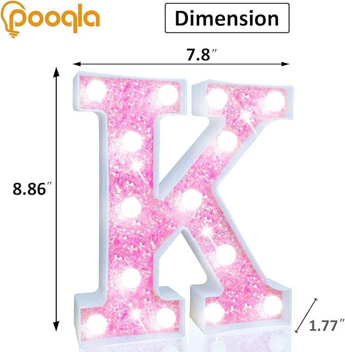 Pooqla LED Marquee Letter Lights, Light Up Letters for Birthday Decorations, Glitter Letter Sign Battery Powered Night Light Pink Party Wedding Christmas Girls Gift Bedroom Dorm Decor, Cool White K